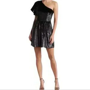 7 For All Mankind One Shoulder Dress Metallic Velour Black Womens Size Med NWOT